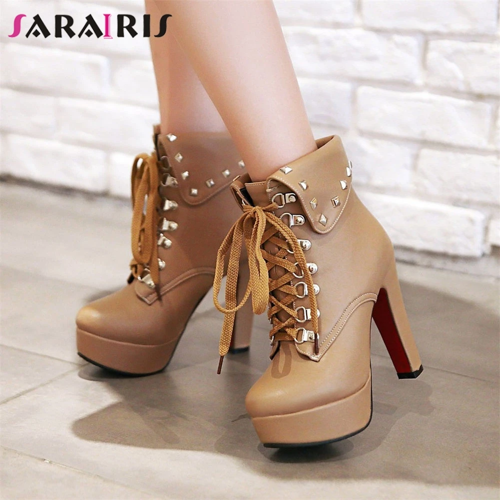 

SARAIRIS Brand New Plus Size 30-50 Rivet Ladies High Heels Platform Women Shoes Casual Party Ol Autumn Winter Ankle Boots Woman