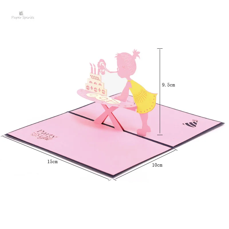 

PAPER SPIRITZ girl Birthday laser paper pop up card with envelope blank invitations greeting kinderfeest verjaardag invitation