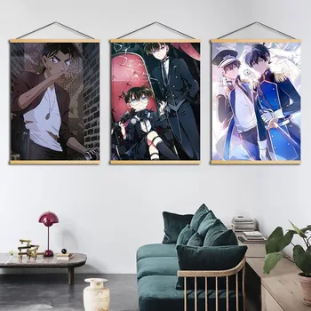 

Pictures Scroll Modern Wall Art Detective Conan Canvas Japan Anime Poster Solid Wood Hanging Painting Boys Room Print Home Decor
