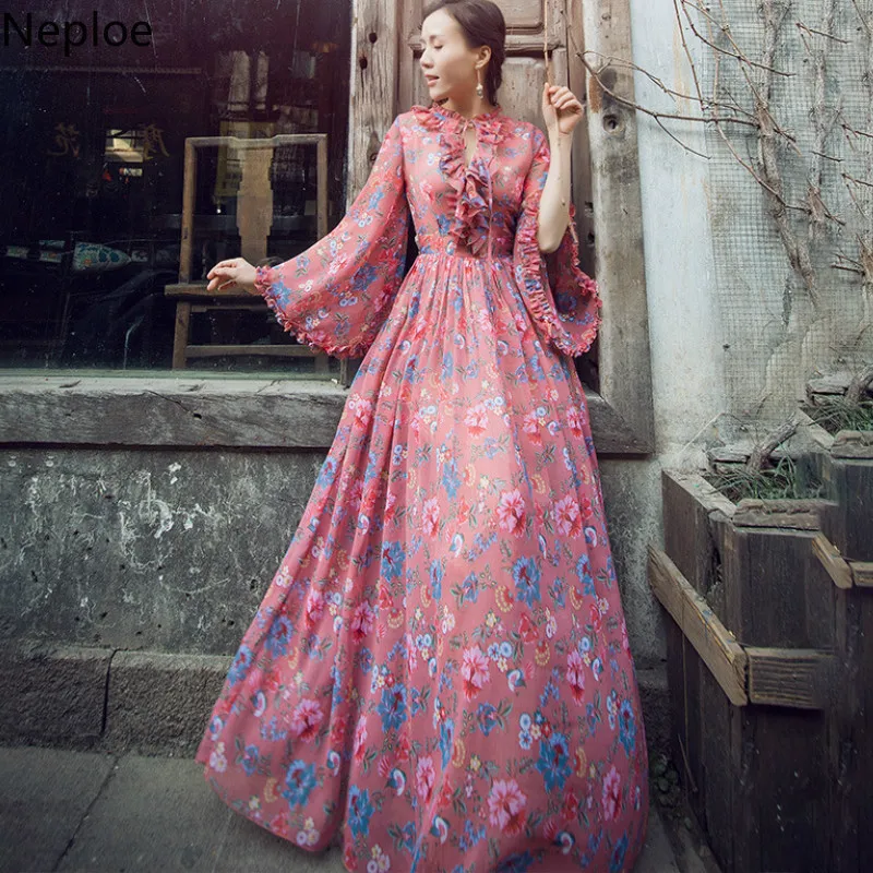 

Neploe Spring Sweet Girl Dresses Flower Print Long Vestido 2019 Chic Ruffled Collar Flare Sleeve Big Swing Long Jupe 43228