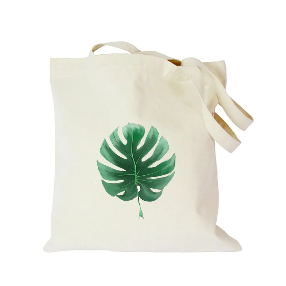 2019 green plant leaf black cotton canvas bag customized eco girl tote bag custom made shopping bags with logo for men or women  (3)