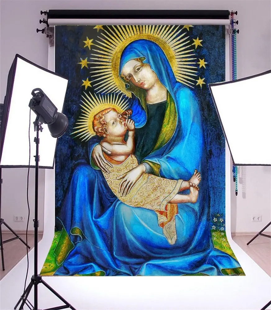 

Photography Backdrop Virgin Mary Little Jesus Golden Stars Belief Religion Pray Photo Background