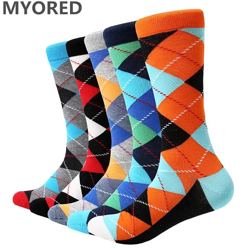 

MYORED 5 pair/lot men's socks cotton diamond geometric pattern colorful funny socks long tube for men casual business dress sock