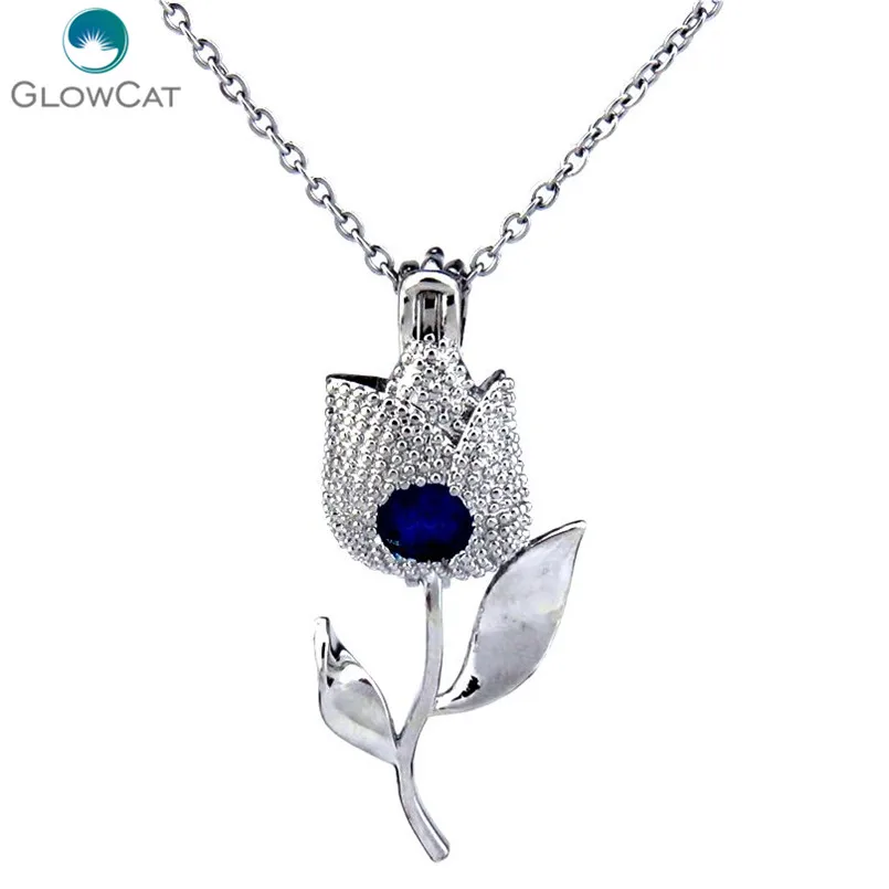

K253 Silver Lovers' Tulip Flower Rose Bead Cage Necklace Locket Stainless Chain Aroma Essential Oil Diffuser Locket