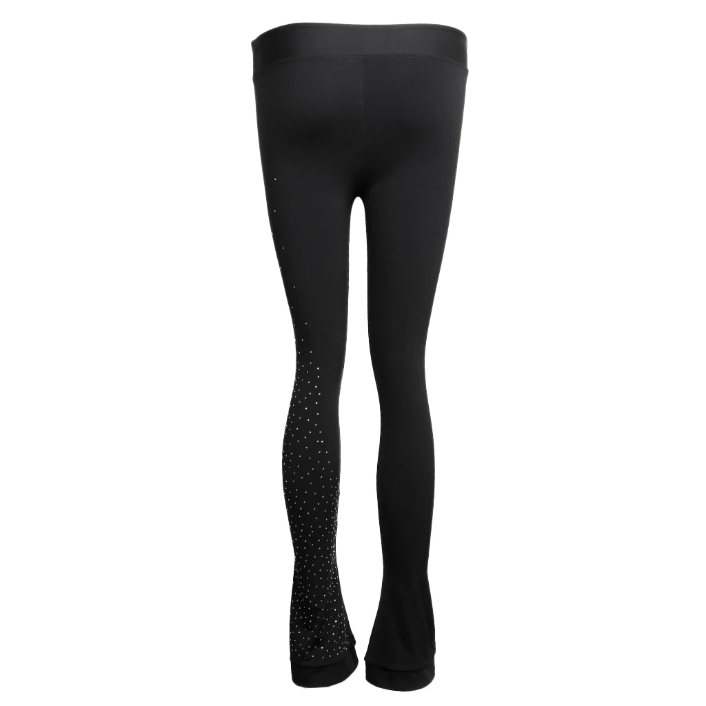 Womens Girls Ice Figure Skating Practice Long Pants Skate Footless Tights Leggings Black with Crystal