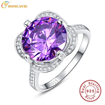 

BONLAVIE Real Pure 925 Sterling Silver Rings For Women Natural Purple Crystal Stone Ring Vintage Engraved Flower Fine Jewelry