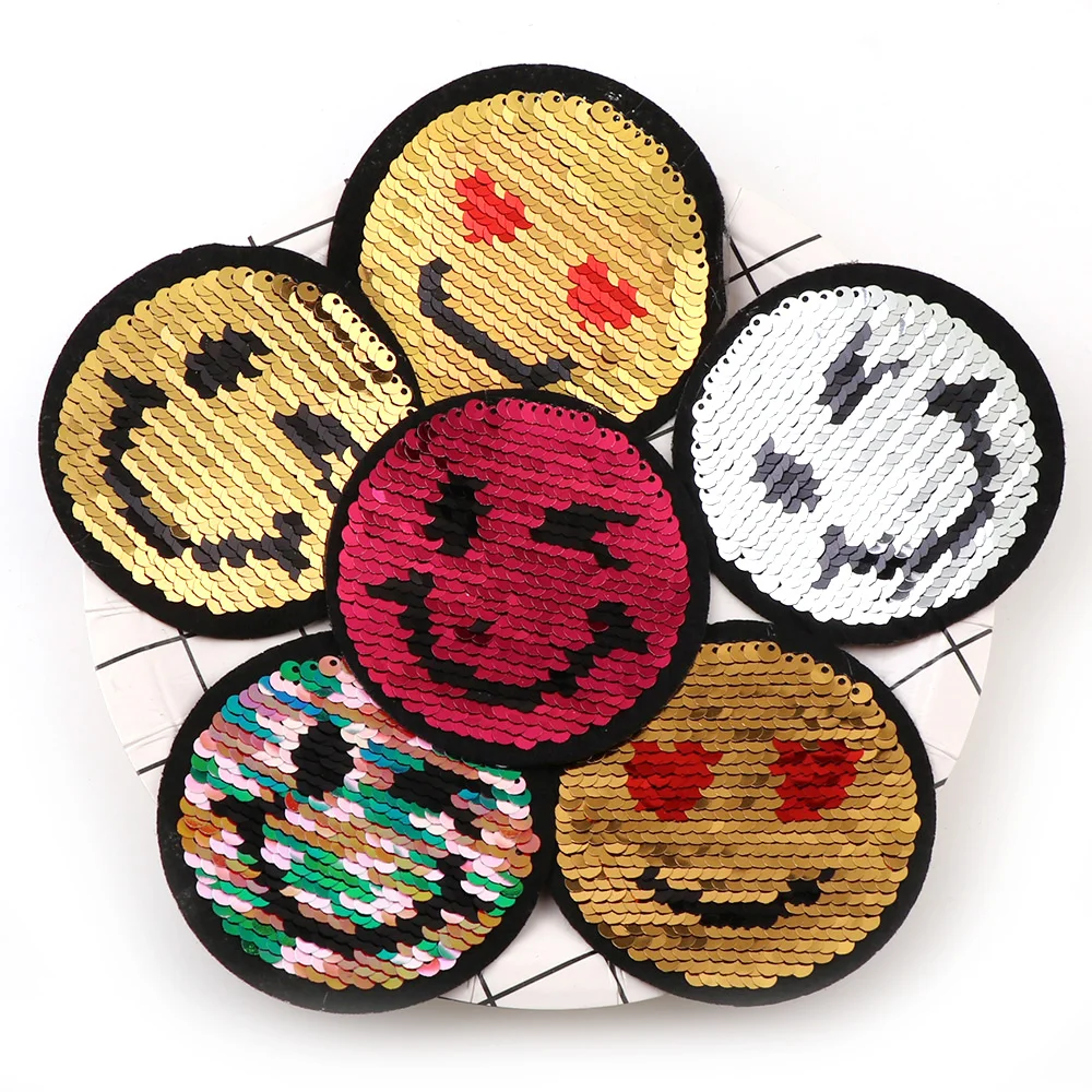

6Pcs Shiny Smile Face Reversible Change Color Mix Color Sequins Iron On Patches For Clothes DIY Patch Applique Crafts