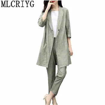 

2 Piece Set Women Blazer Casual Cotton Linen Coat Female Spring Ankle-Length Pants Women's Suit Trousers conjunto feminino YQ157
