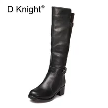 Модные женские сапоги из натуральной кожи с круглым носком на низком толстом каблуке зимние сапоги до колена для женщин женские высокие сапоги для верховой езды