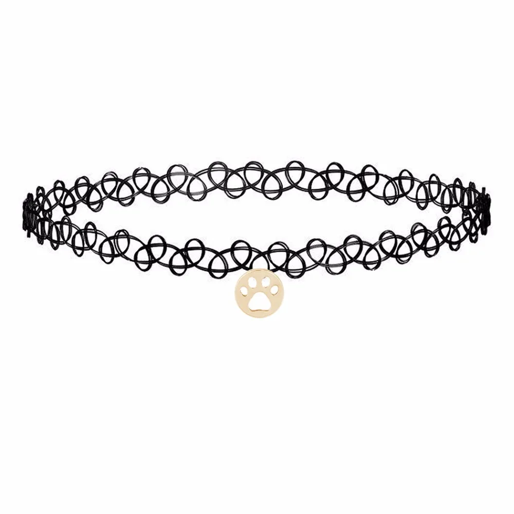 Kinitial Collar Dog Paw Pendant Choker Necklaces Vintage Bohemia Neck Statement Jewelry Black Elastic Necklace For Women Gift | Украшения и