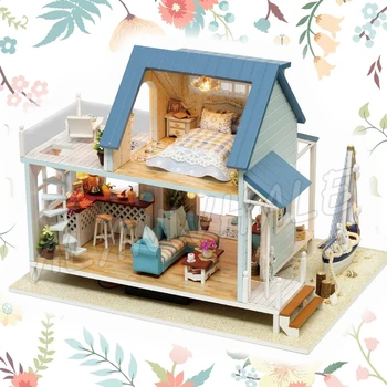 

Miniature Doll House Sea View Villa Beach Boat DIY LED Light Dollhouse Furnitures Crafts Adult Teenager Toys Model Building Kits