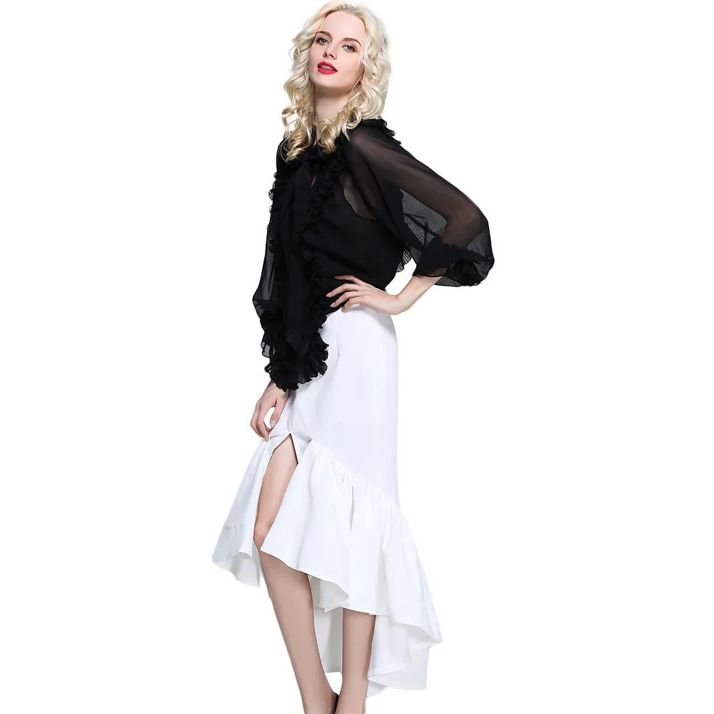 Страуса Новая мода Элегантные оборки дизайнерские тонкие женские бюст длинные юбки женские Saias D30
