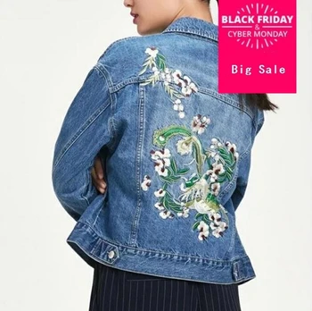 

Autumn Women Embroidered Flowers Denim Jackets Long Sleeve Blue Shrugs Casual Harajuku Jeans Feminina Short Coat D144