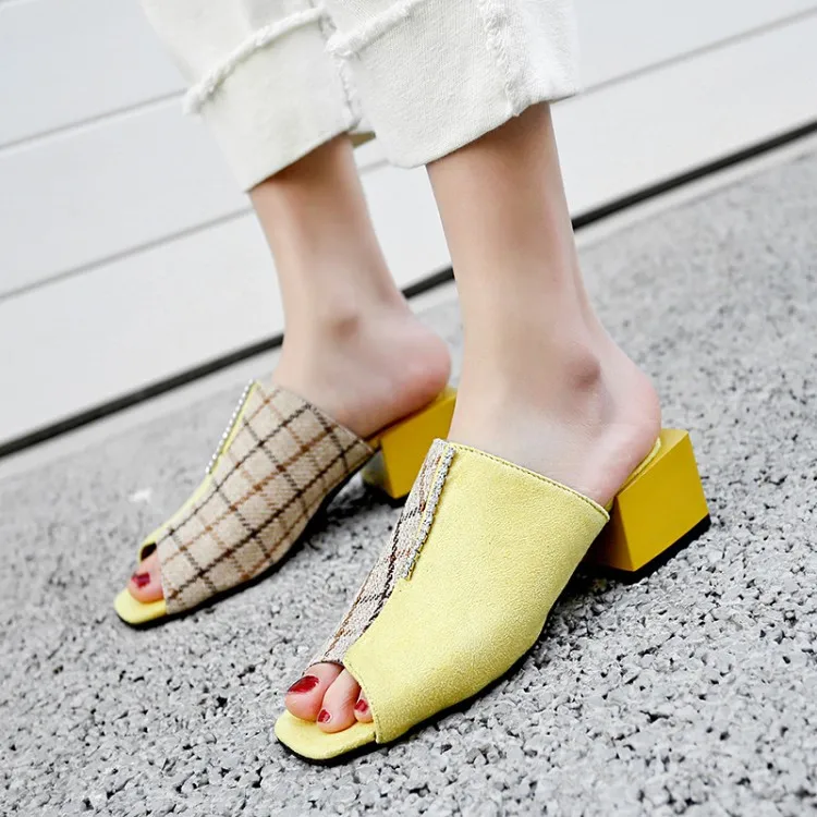 

PXELENA Plaid Crystal Women Summer Slippers Square Chunky Block Med Heels Slides Outdoor Ladies Shoes Peep Toe Flock Designer