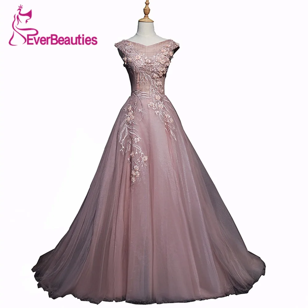 Jubah De Soiree Garis Gaun Malam Elegan warna Peach Tulle Bordir