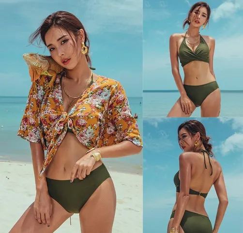 

2019 Biqini Fashion SUmmer Swimsuit Women Sexy 3 Piece Set Bandage Solid Bikini Korean Print Swimwear Beachwear 20