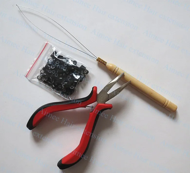 Волос Tool Kit Щипцы для наращивания волос(без зубов)+ Петля Иглы с крючком+ 100 шт. Micro силикона ссылка Бусины
