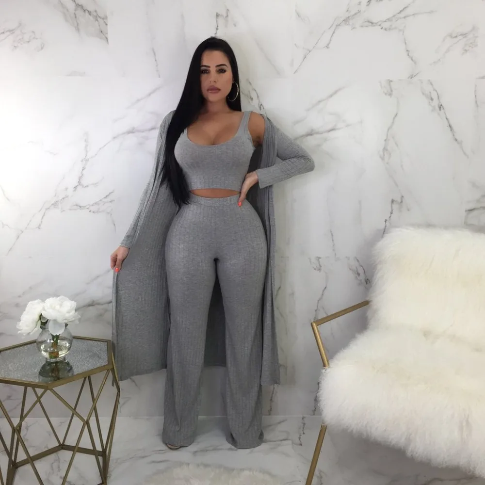 

BKLD Autumn Three Piece Set Women Long Cardigan And Tank Crop Tops And Bodycon Pant Suit Set Clubwear Sexy Women Outfits 2019