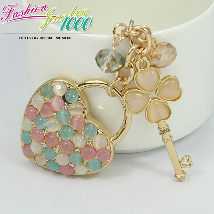 Novelty Bead Love Heart Keychains Keyring Fashion Rhinestone Flower