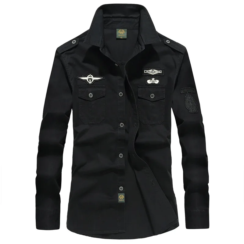  Man Solid Shirt With Embroidery 6XL Spring Autumn Cotton Military Pilot Air Force Shirt Men Long Sl