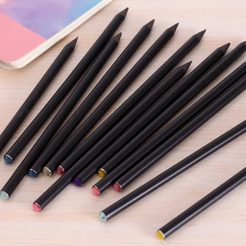 12 pz set Nero Asta Matita Hb Con Diamante Variopinto Kawaii Scuola di Pittura Disegno Scrittura Matita Bambini in 12 pz set Nero Asta Matita Hb Con