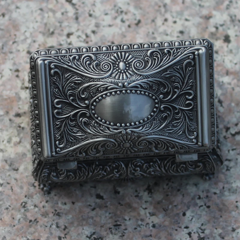 Pewter Plated Flower Engraved Metal Jewelry Box Zinc Alloy Trinket Gift Box Nice Jewellery Case