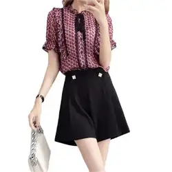 Модный костюм женская летняя новая мода темперамент шифоновая рубашка + широкие брюки Шорты два комплекта