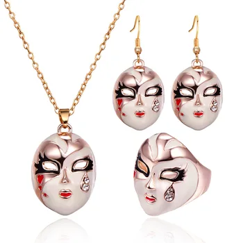 

Punk Enamel Jewelry Sets For Women Gold Color Crystal Teardrop Gothic Metal Mask Pendant Necklace Earrings Ring Set Free ship