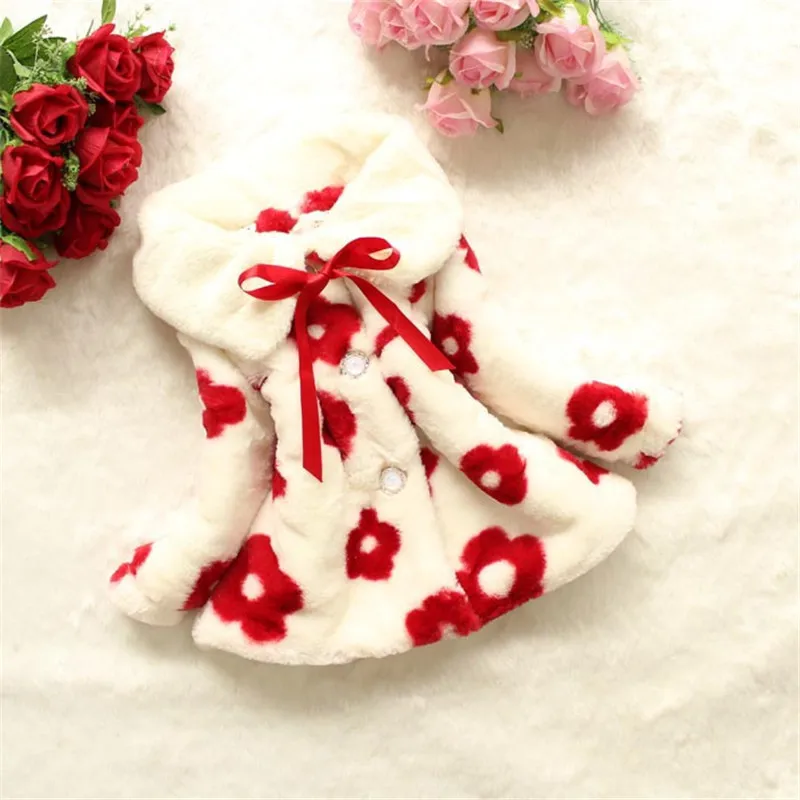 

1 to 4Years Baby Sun Flower Winter Coat Faux Fur Wide Lapel Coat Casual Infant Clothing Fur Jackets Keep Warmming Girls Clothes