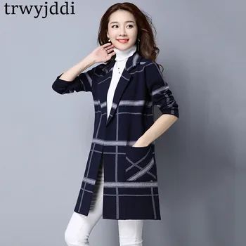 

2020 New Korean Loose knitting Sweater Coat Women Plaid Tops Fall Long Sweater Cardigan Spring Ladies Cardigan Jacket Coat hl114