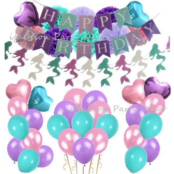 

Little Mermaid Party Pink Lavender Purple Pom Poms Birthday Banner&Balloons Wedding Decorations Baby Shower First Girls Birthday