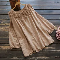 5847 Spring Women Top Literary Vintage Ruffled Collar Drawstring Embroidery Cotton Pullover Long Sleeve Loose Shirt Blouse Women 1