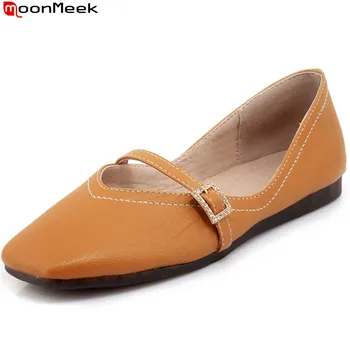 

MoonMeek black white fashion spring autumn women shoes square toe buckle shallow high quality pu flats shoes big size 33-44
