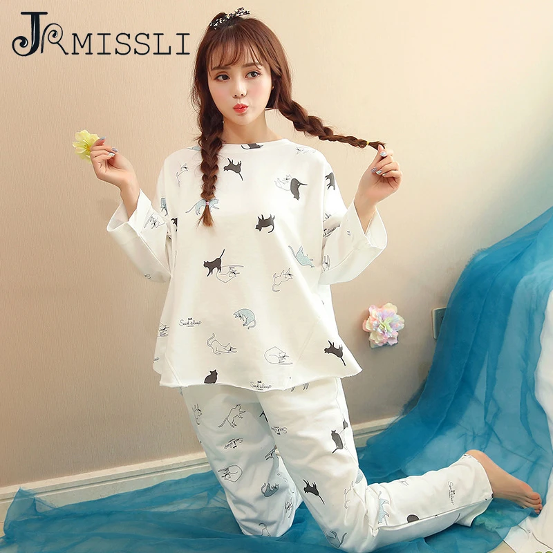 

JRMISSLI Korean Style Cotton Print Pajamas Sets Women 100% Cotton Carton Fashion Women Long Sleeve Sleepwear Suit 2 piece Sexy