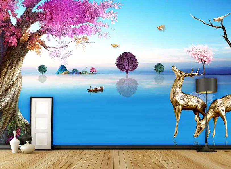 

Papel De Parede 3D Wallpaper Embossed forest elk Wallpaper For Walls 3 D Sea view TV bBackdrop Decorative Painting