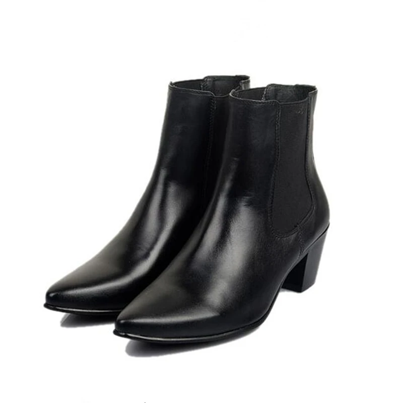 HOT !!! Genuine Leather Men's Pointed Toe Heels Trendy Man Slip-on Riding Boots Winter Heighten Shoes