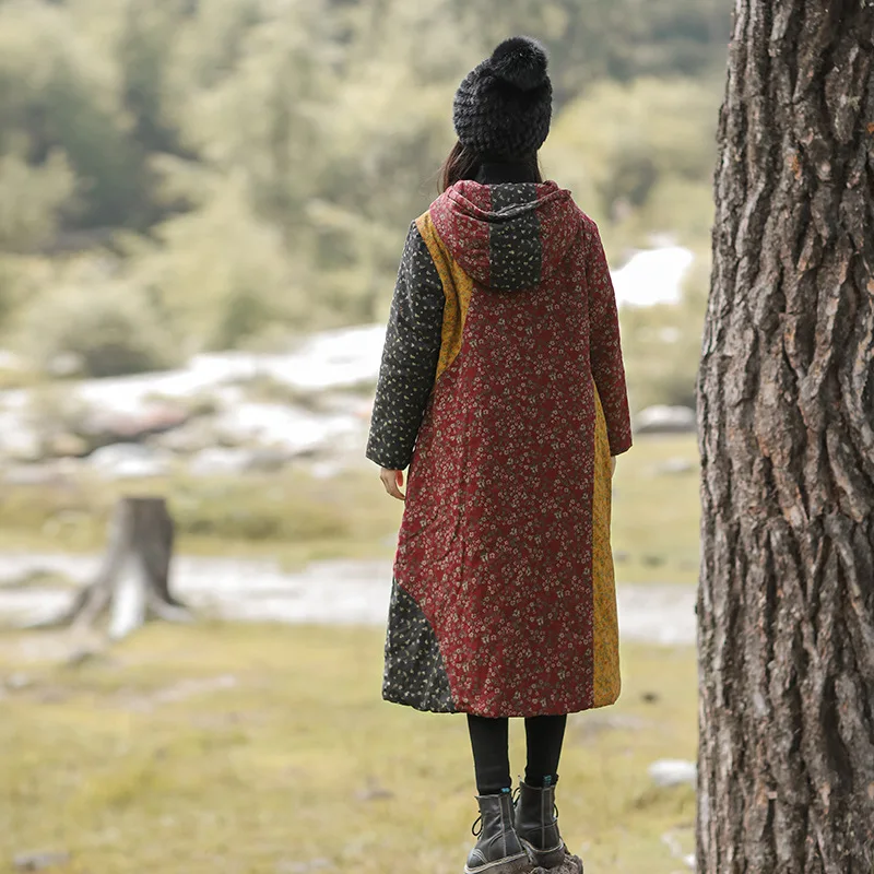 Johnature Женские винтажные Лоскутные парки с капюшоном из хлопка и льна, пальто с цветочным принтом в китайском стиле, зимняя женская одежда, теплые парки