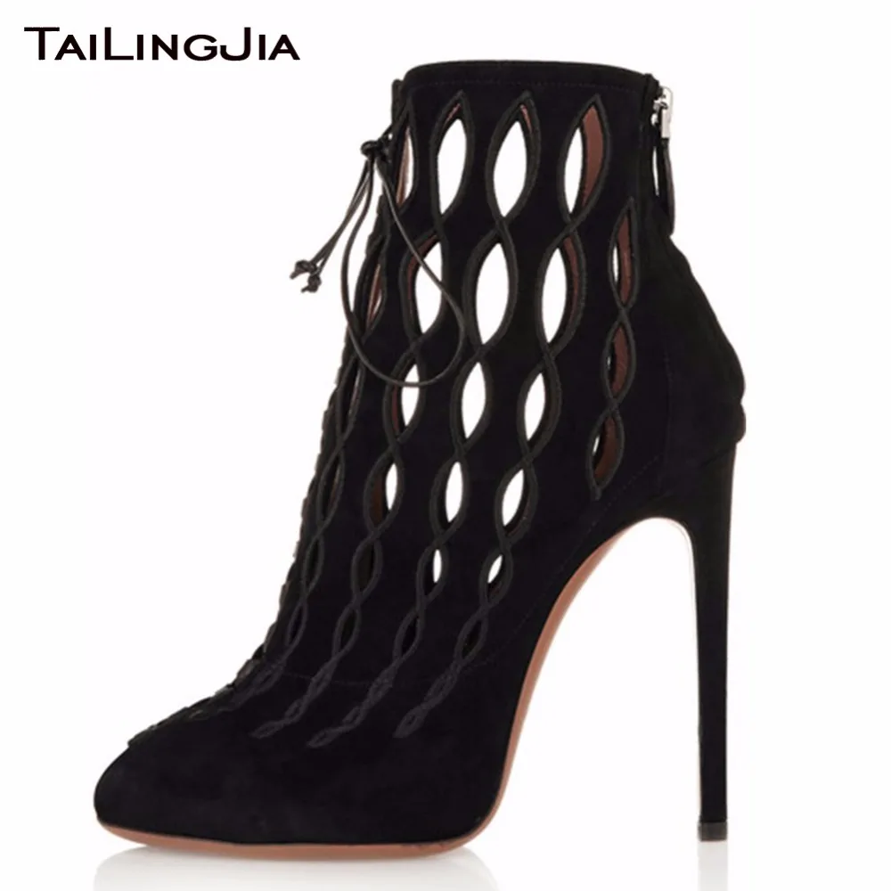

Summer Woman Short Boots High Heel Ladies Red Sole Ladies Sexy Boots Hollow Ladies Boots Black Faux Suede Party Shoes Wholesale