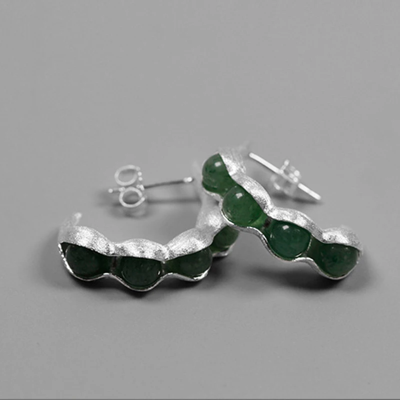 Lotus весело момент реальные 925 серебро ручной работы Модные украшения натуральный зеленый камни Творческий Стручки гороха Дизайн Длинные висячие серьги