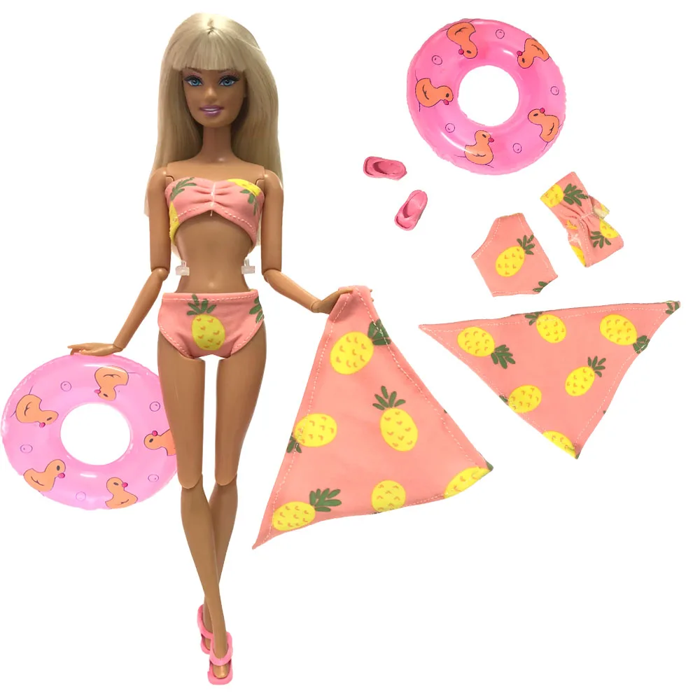 

NK New Doll Swimwear Beach Bathing Clothes Bikini Swimsuit+Slippers+Swimming Buoy Lifebelt Ring For Barbie Doll Accessories 007A