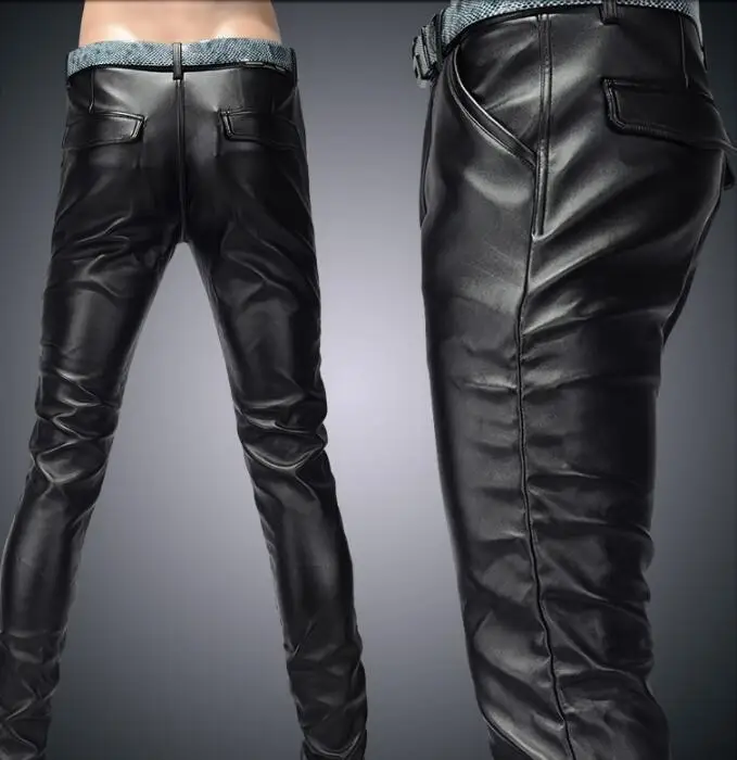 Индивидуальность Мужчины искусственная кожа брюки мотоцикл брюки мужские ноги брюки Мода pantalon homme плюс бархат утолщение черный повседневный
