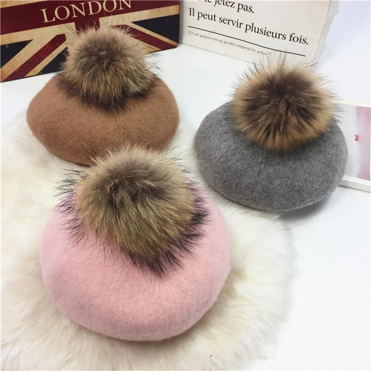 2018 Hat Female Autumn And Winter New Woolen Beret Raccoon Hair Ball Painter Hat Wild Fashion Cap For Women ACI102 (3)