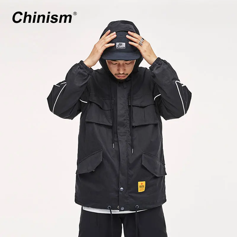CHINISM Multi Pockets Bullseye Printed Hooded Jacket Male
