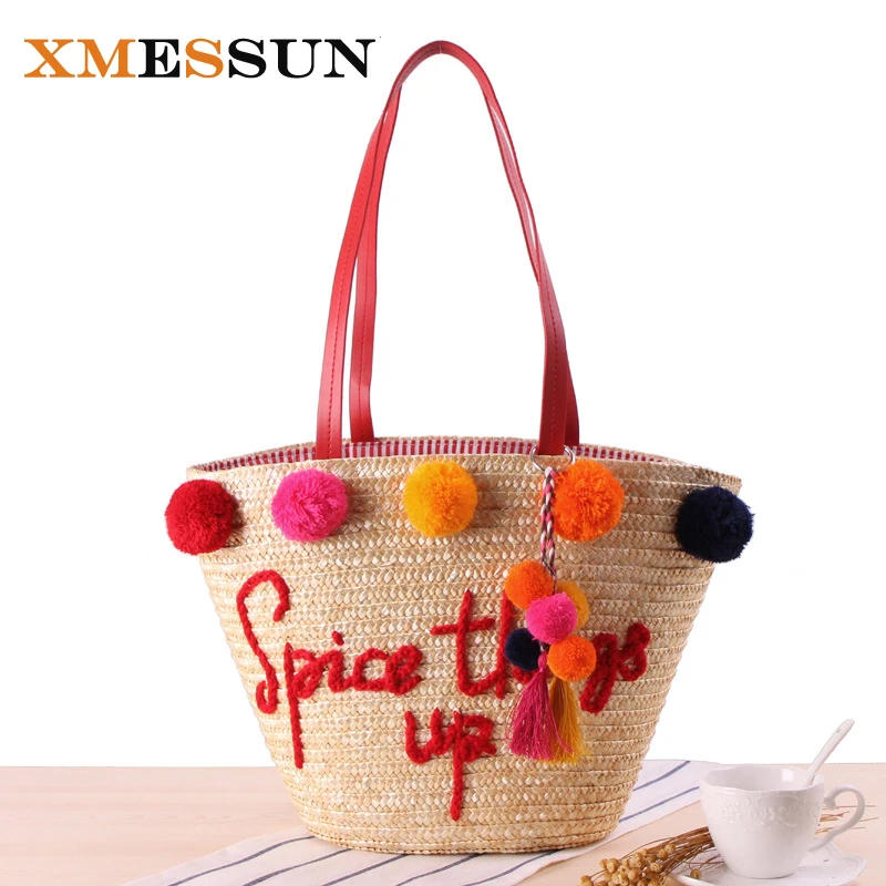 XMESSUN 2018 Colorful Ball Large Beach Bags Luxury Designer Straw Bag