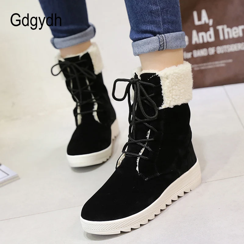 

Gdgydh 2018 Fashion New Winter Shoes Platform Warm Fur Snow Boots Women Lacing Round Toe Shoe Female Wedges Ankle Boots Female