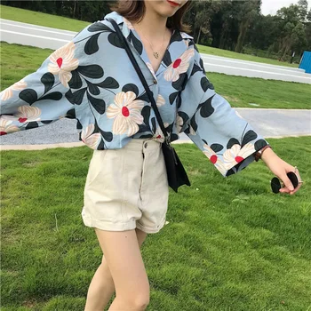 

Women V-neck Flower Printed Loose Blouses Elegant Ladies Batwing Long Sleeve Shirts For Women