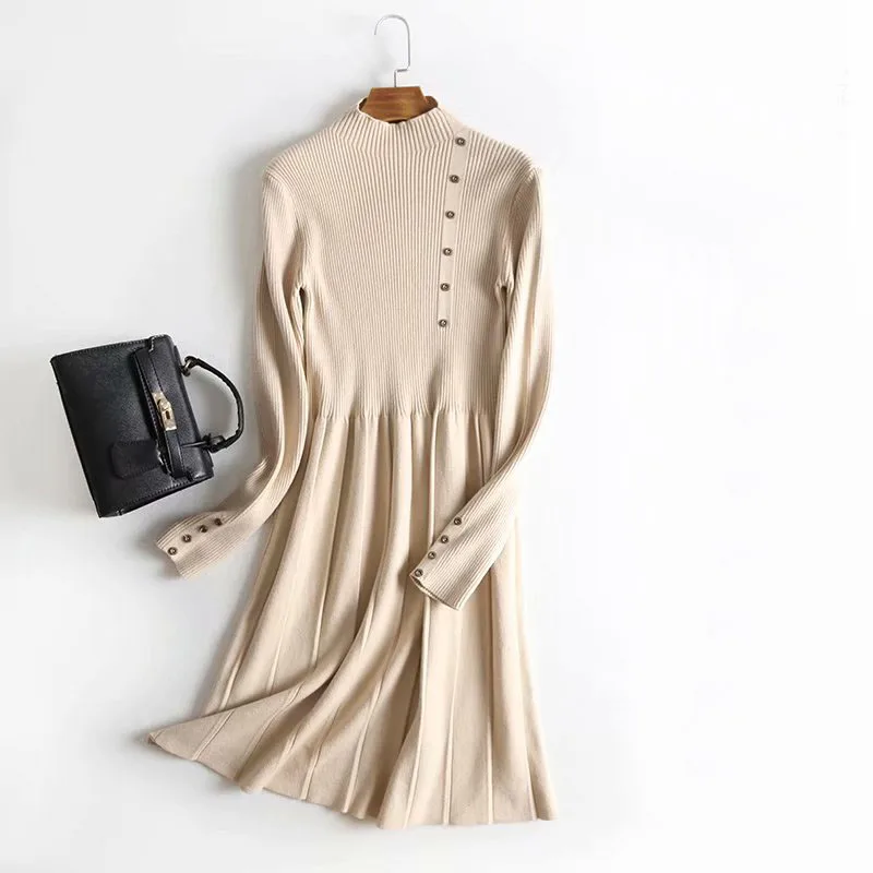 

QZ596 Korean Fashion Winter Autumn Side Buttons Deco Slim Waist Sweater Dress Ladies Solid Color Knitted Dresses Vestidos