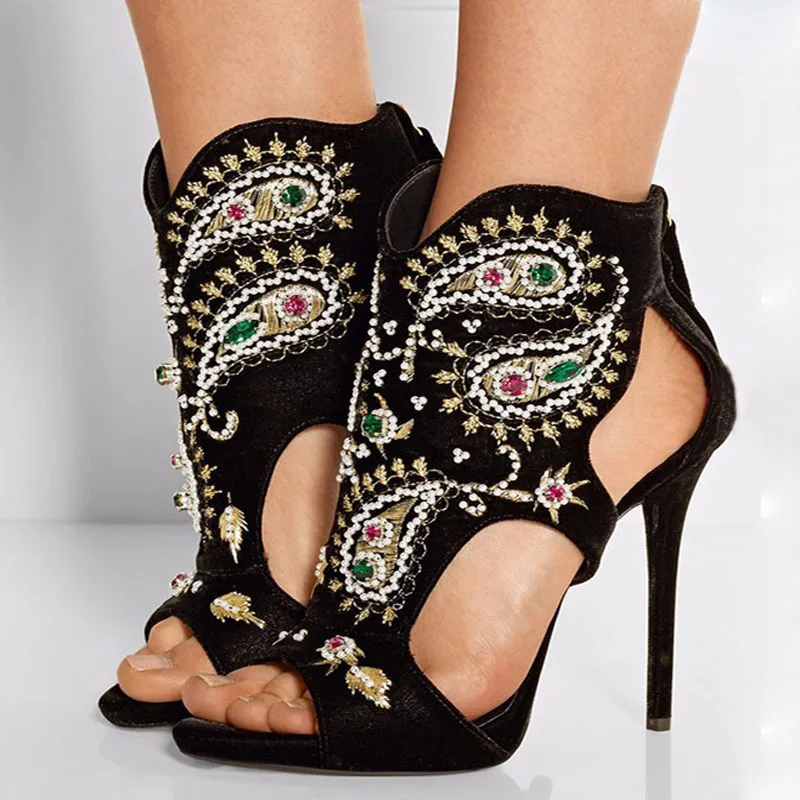 2017 Rhinestone Pearl Beads Sewed Eye Embroidery Sandals Peep toe Woman