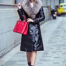 Роскошный женский модный пуховик из натуральной кожи, Женская куртка из натуральной овчины, большой меховой воротник из лисьего меха, черный 2xl 3xl 4xl