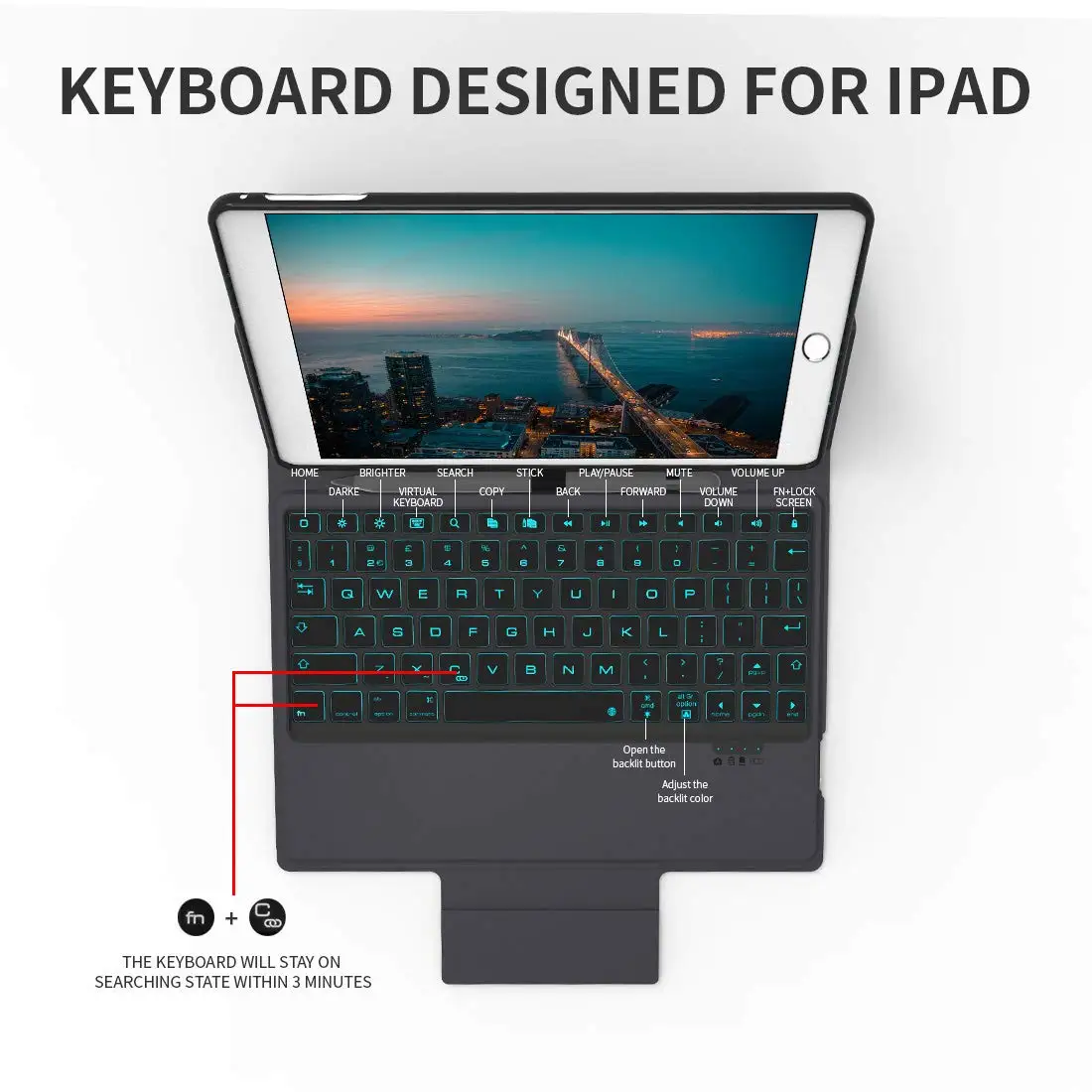 Bluetooth Wireless Keyboard Case Cover for New IPad10.2" with 7 Color Backlit and Pencil Holder with Auto Sleep/Wake